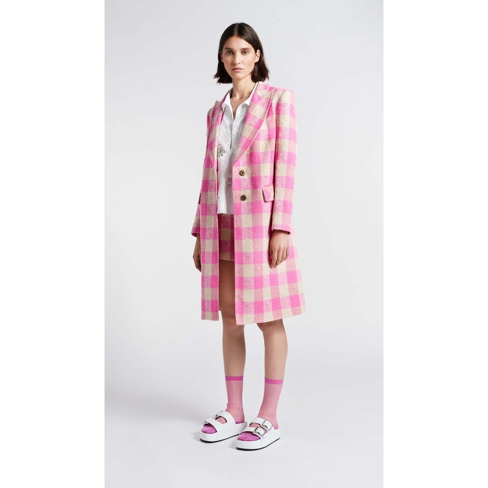 Smythe Peaked Lapel Overcoat in Bubblegum Pink Check Tweed Size 2 Spring